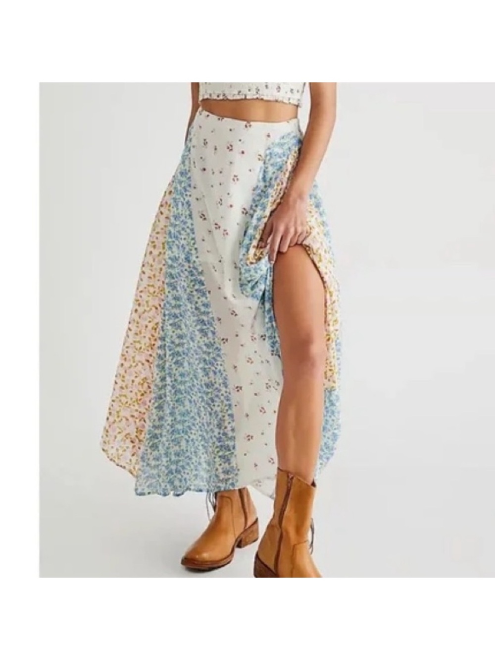 Floral Patchwork High-Slit Maxi Skirt - White / Blue / Yellow